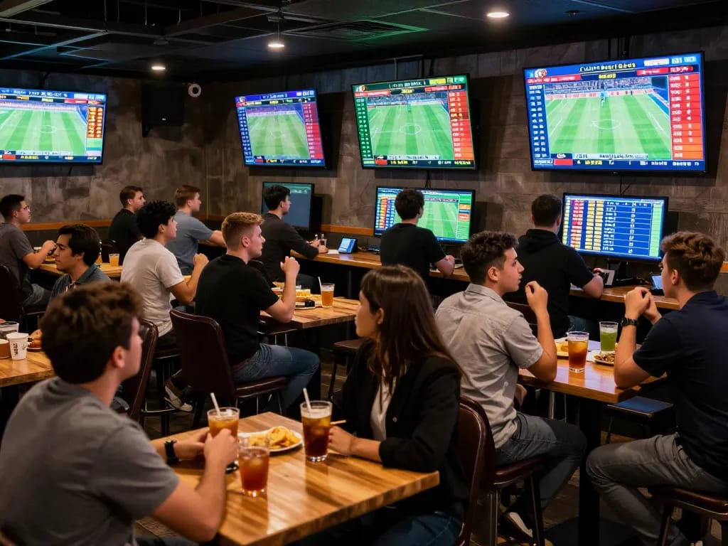 Excited bettors engaging in sports betting activities at xx88, analyzing live events and odds.