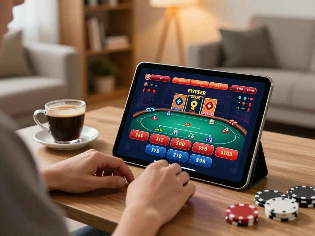 OK9 player enjoying online casino gaming on tablet in a cozy living room setting.