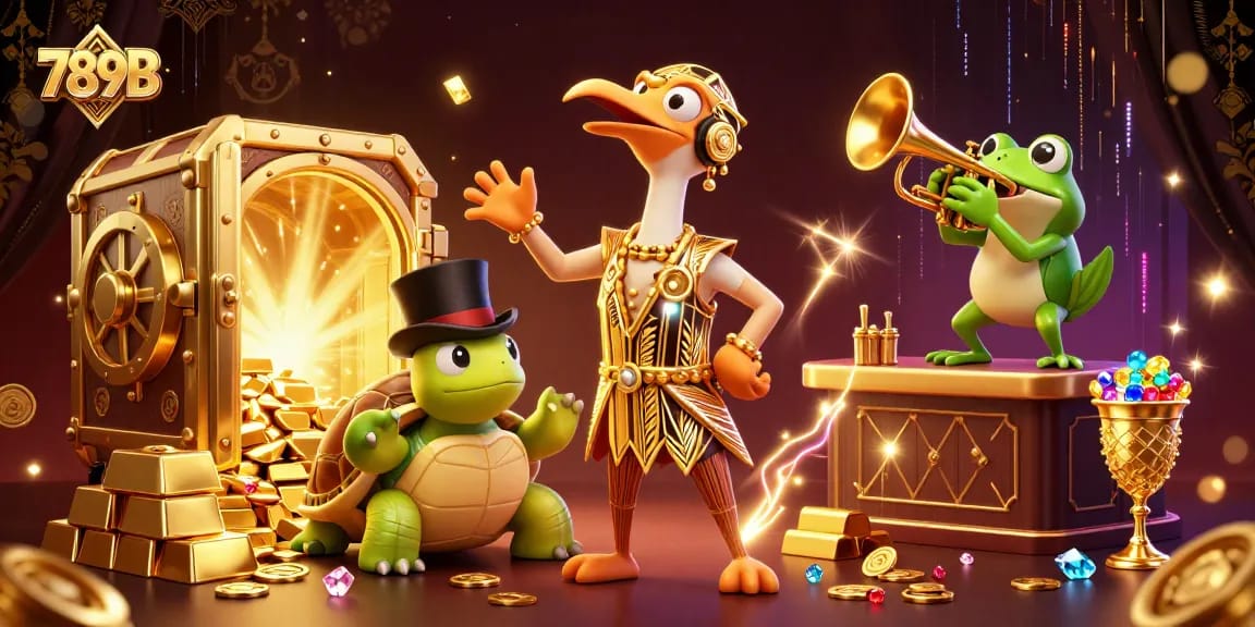 Win big with 789B as vibrant casino characters celebrate surrounded by treasures and games.