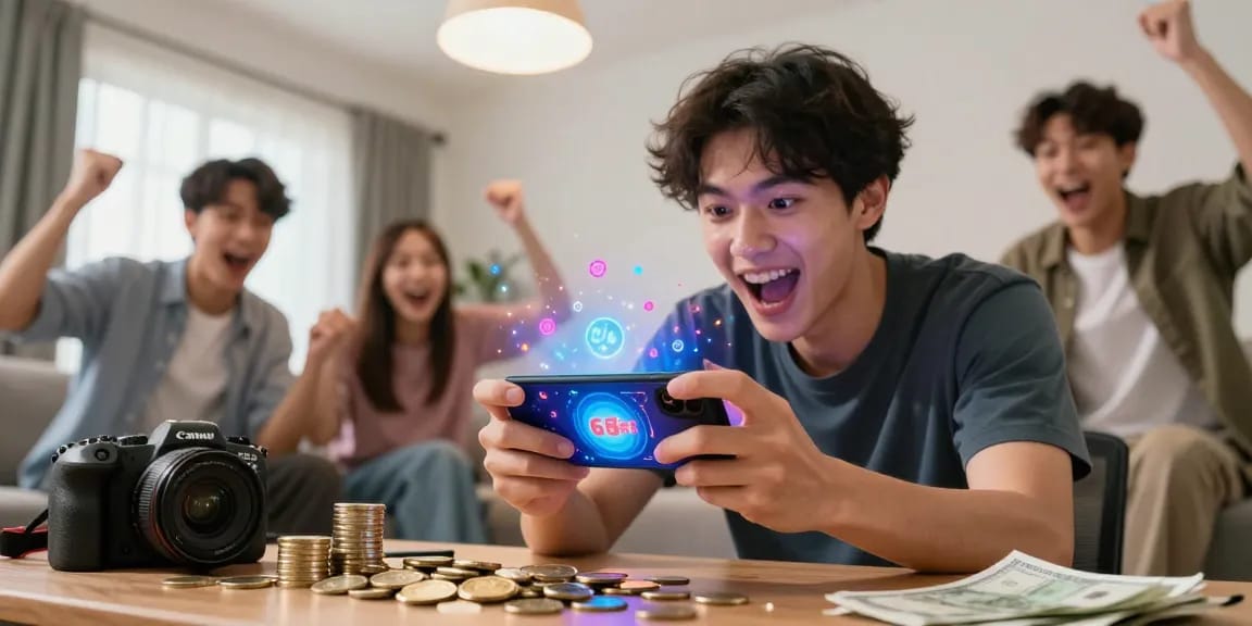 Exciting gameplay scene on 663bet app with mobile device and friends cheering, showcasing real money earning potential