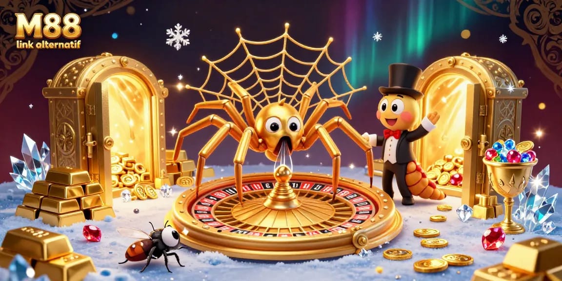 Bet on winning with M88 link alternatif as the golden spider spins a roulette wheel web.
