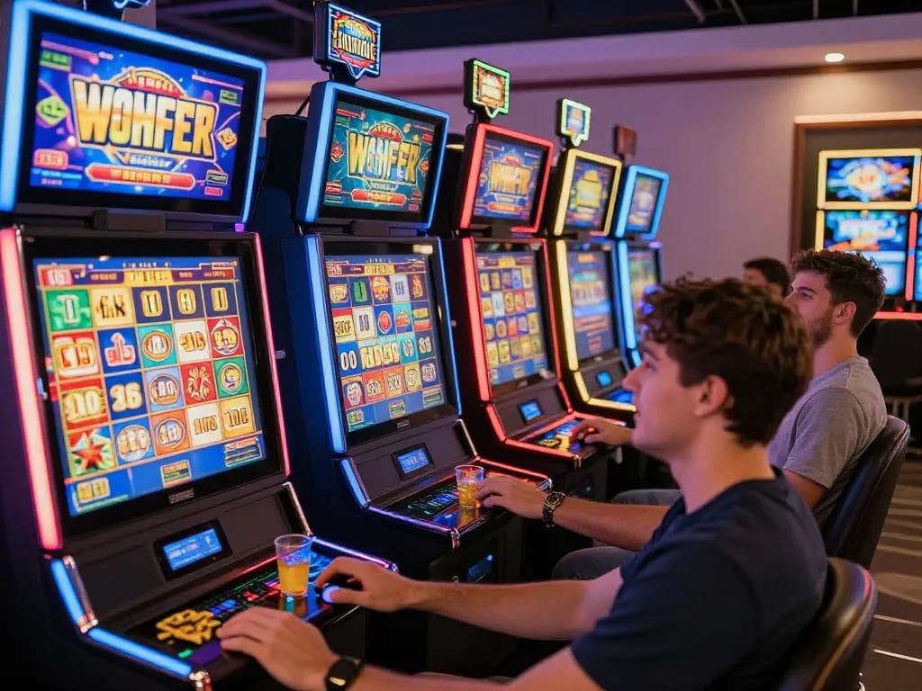 Players enjoying slot online games on colorful machines, showcasing excitement in a lively home casino atmosphere.