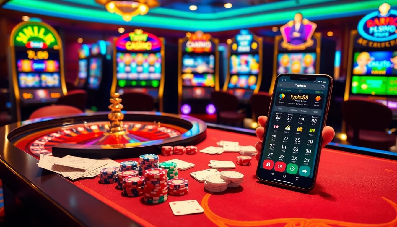 Players enjoying the thrilling gaming experience at Typhu88, featuring poker games and luxury slot machines.