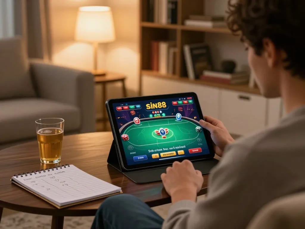 Player using sin88 online gaming app on tablet in cozy home setup, emphasizing strategy and comfort.