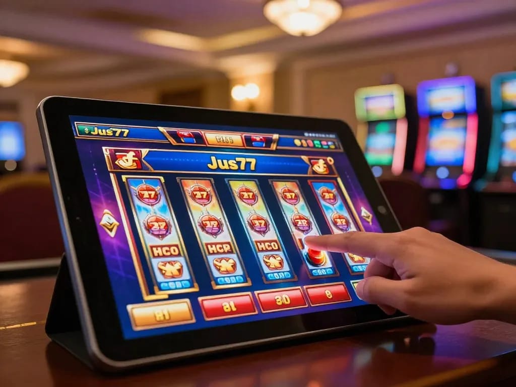 Experience the thrill of Jus77 online gaming as hand presses spin button on a colorful slot interface.