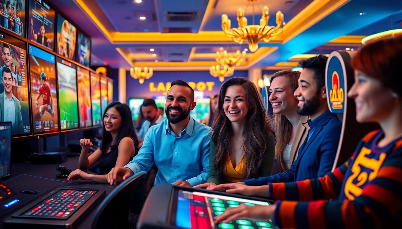Players engaged in thrilling 8day gaming experiences with vibrant slot machines and sports betting.
