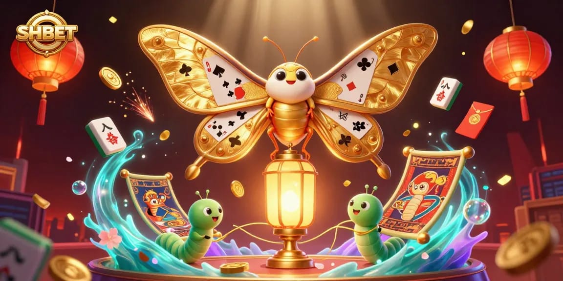 Bet on SHBET with dynamic casino-themed 3D elements, colorful moth, and festive details.
