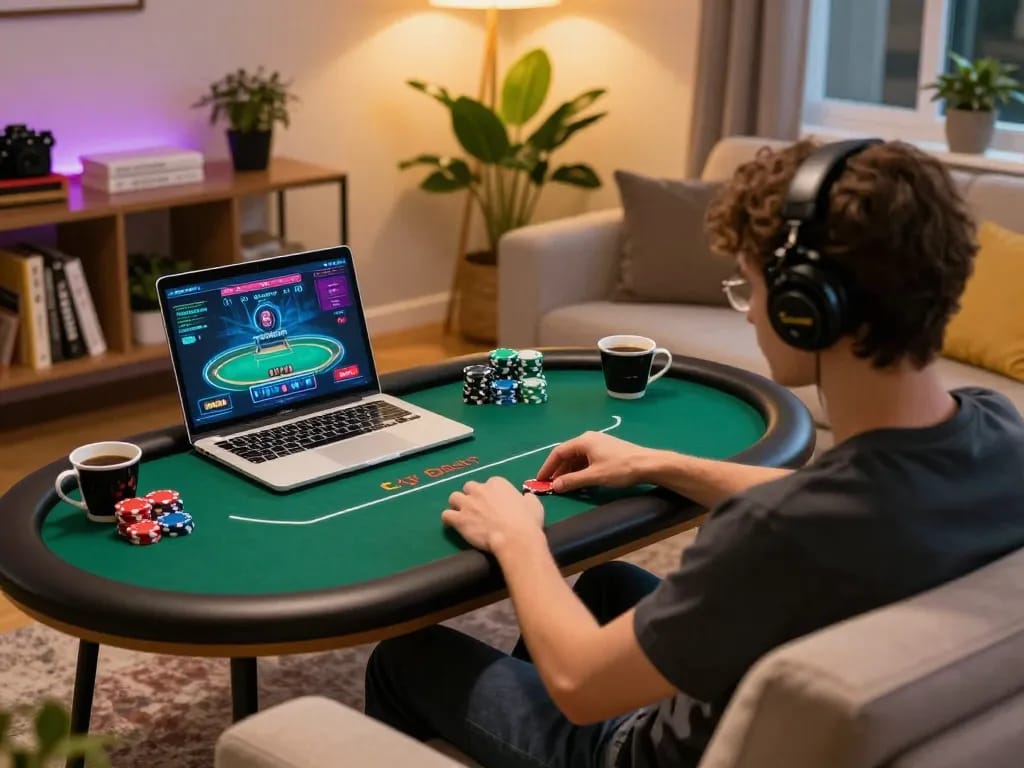Engaging online poker session with man88a on display, showcasing strategic gameplay at home.