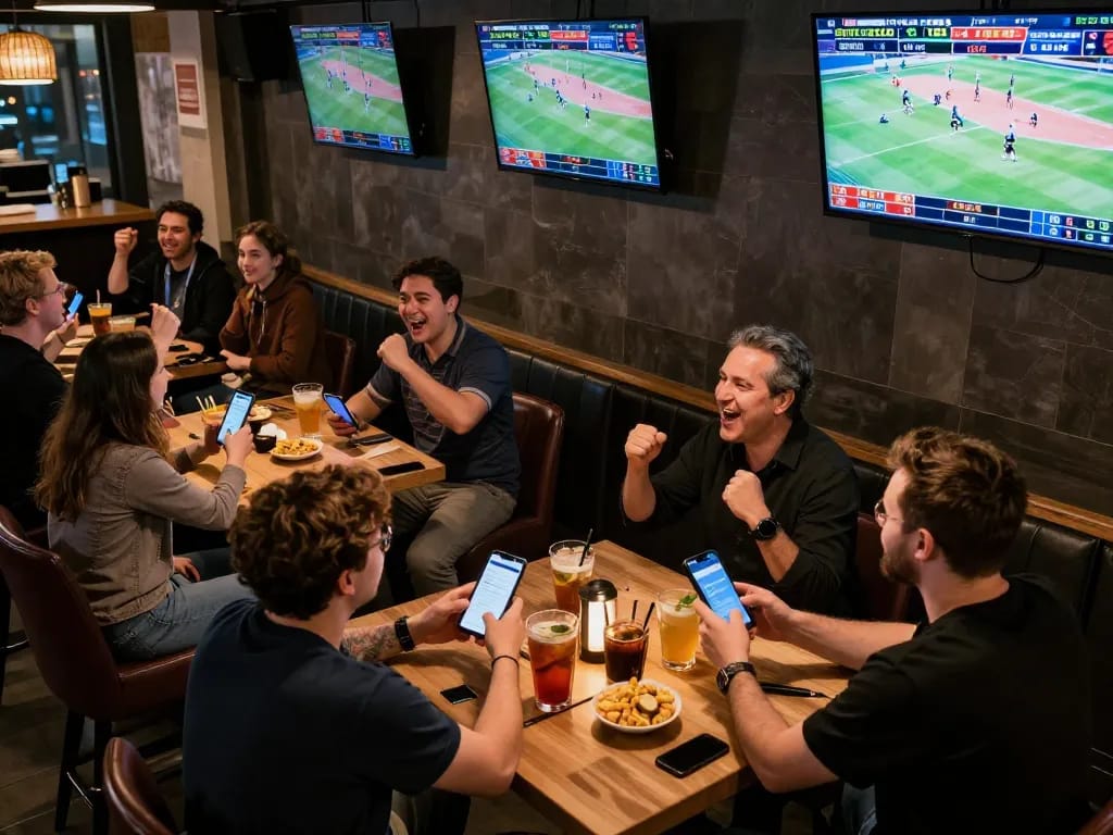 Active sports betting scene at ta88, with friends cheering and placing bets on mobile devices, lively bar atmosphere.