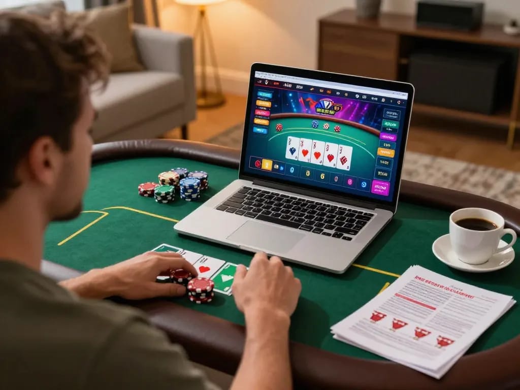 Player enjoying a live dealer poker game on B52CLUB, surrounded by strategy notes, creating a cozy gaming atmosphere.