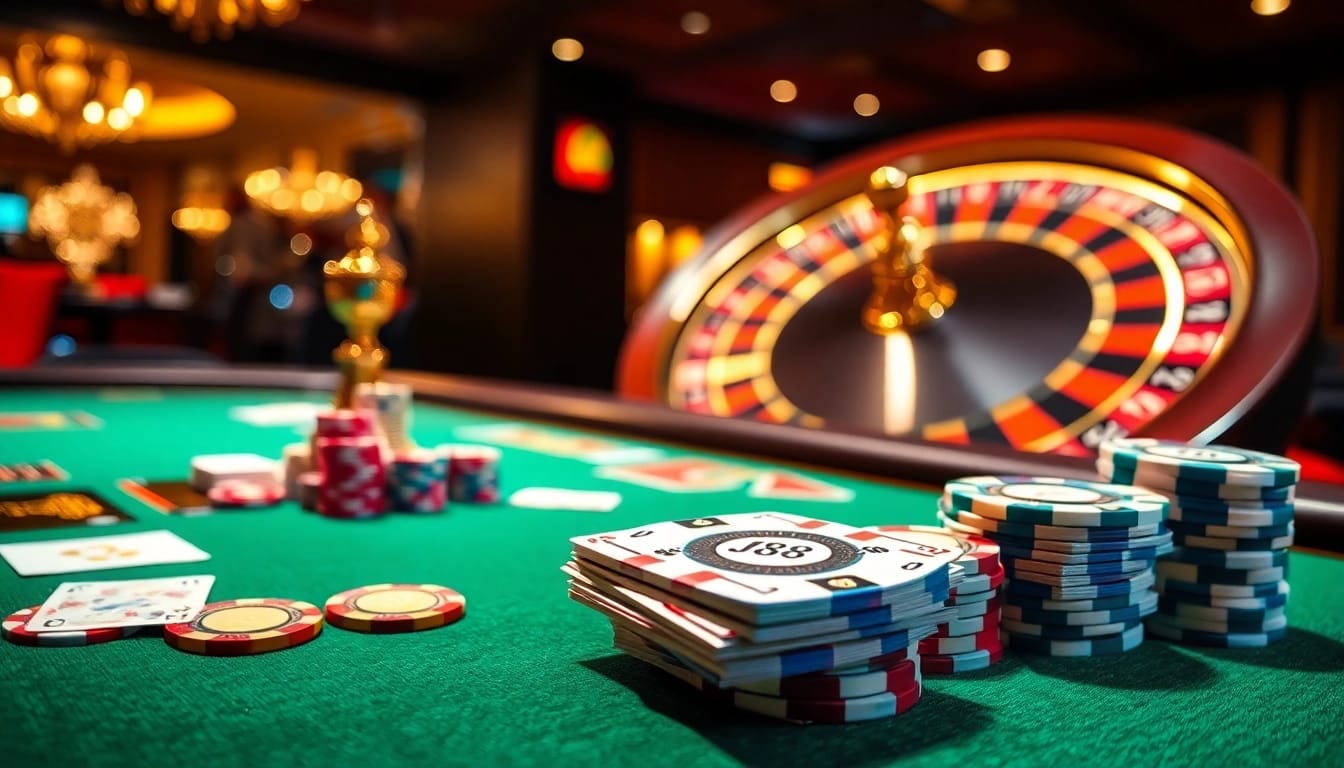 Experience thrilling j88 gameplay at a high-stakes poker table with vibrant chips and professional cards.