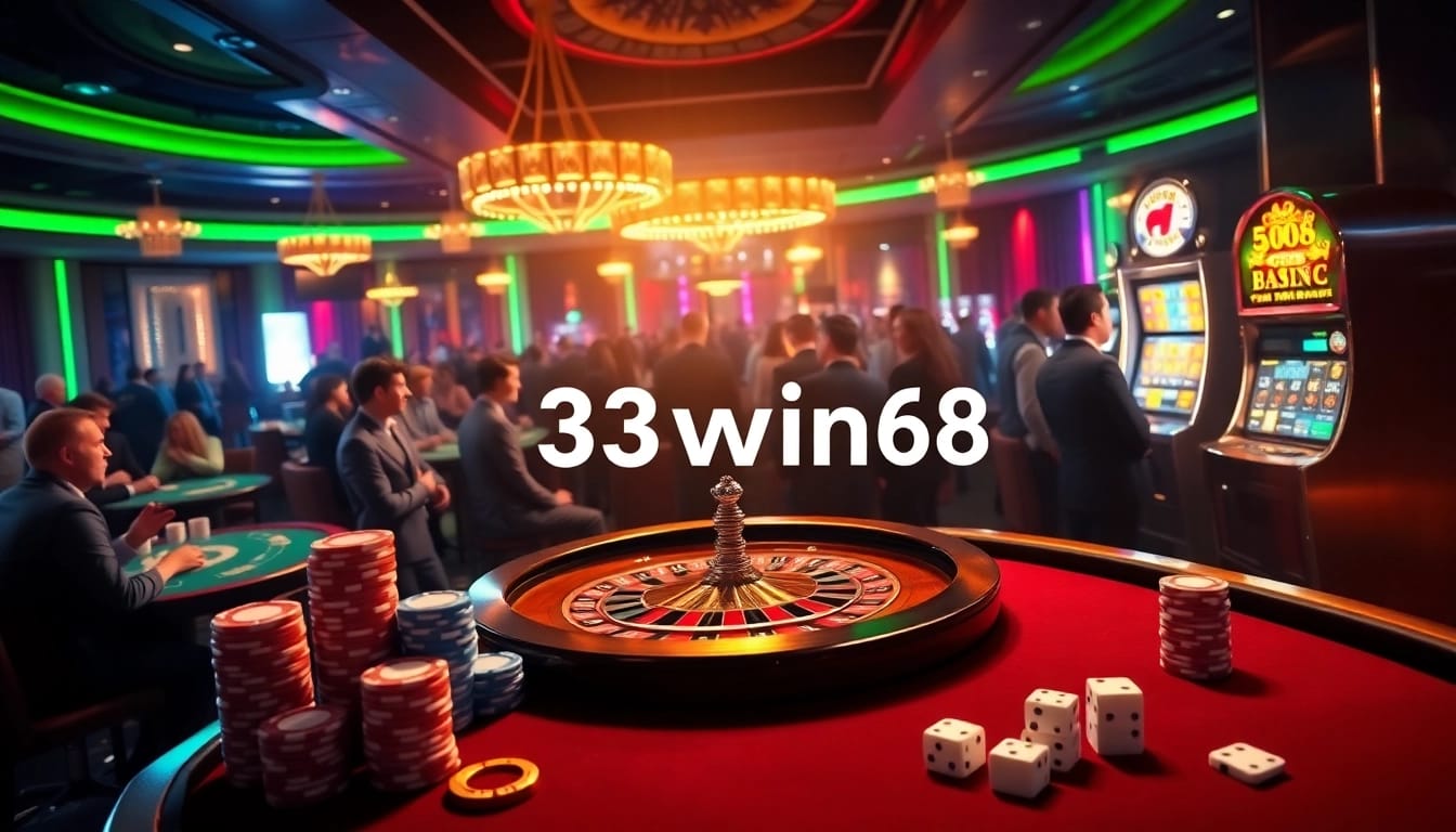 Engaged players at 33win68 casino, celebrating wins around roulette and blackjack tables.