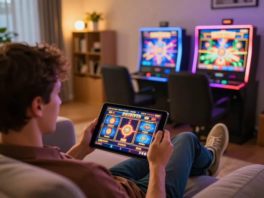 Engaging in online slot gameplay on tablet, showcasing rankthevoteok gaming excitement.