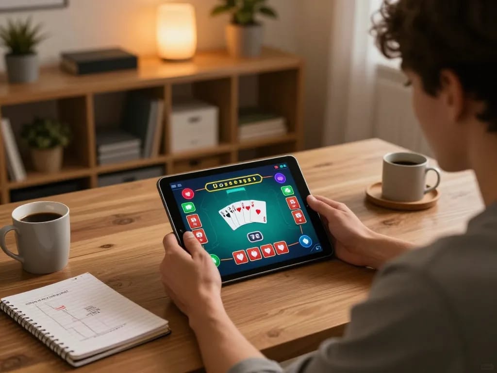 Engaging in an exciting poker game on a tablet at home, using du88 gaming strategies.