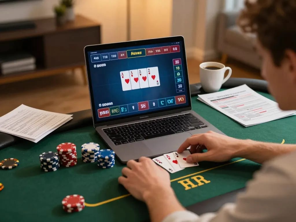 c168 players strategizing their bets during an online poker game at home