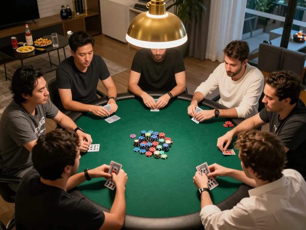 Players engage in strategy during a lively poker night at vvvwin, showcasing intense gameplay and social interactions.