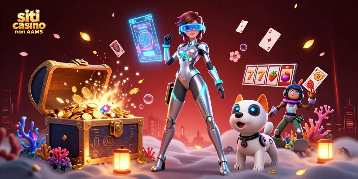 Scopri l'energia dei siti casino non AAMS con giochi dinamici, personaggi ed elementi scintillanti in una ricca scena 3D.