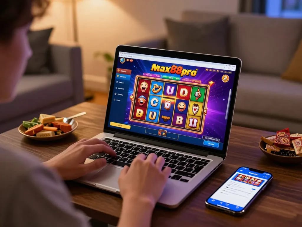 Playing slots on max88pro's online casino platform with vibrant animations and a cozy home setup.