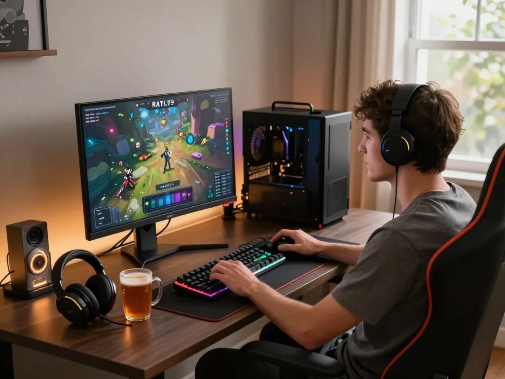 Immerse in the RATU99 gaming experience with a cozy online setup, showcasing vibrant lights and gaming gear.