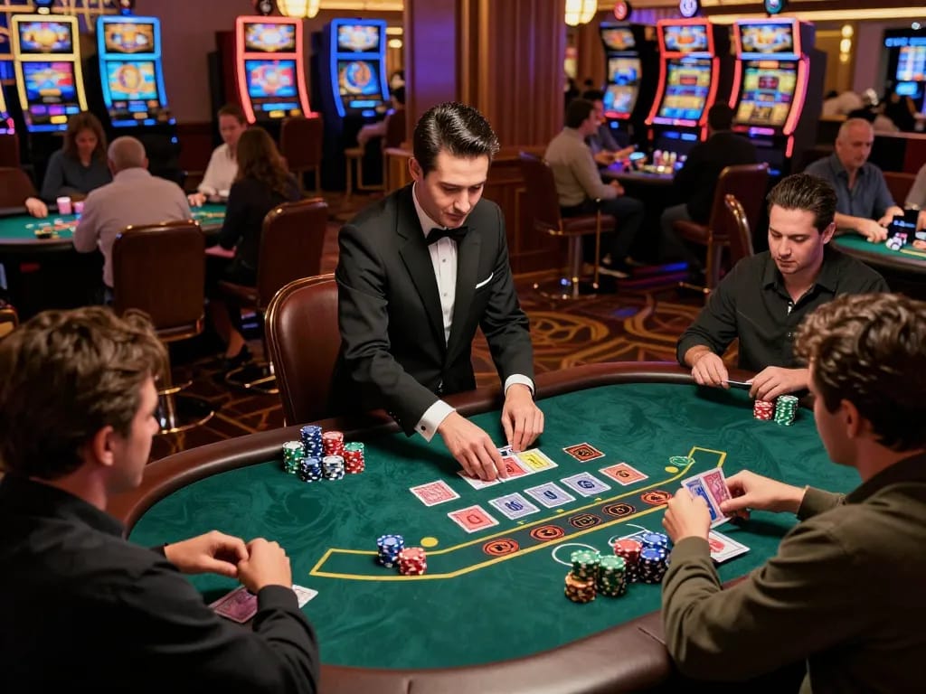 mb66 players strategizing during an intense blackjack game at a lively Las Vegas casino