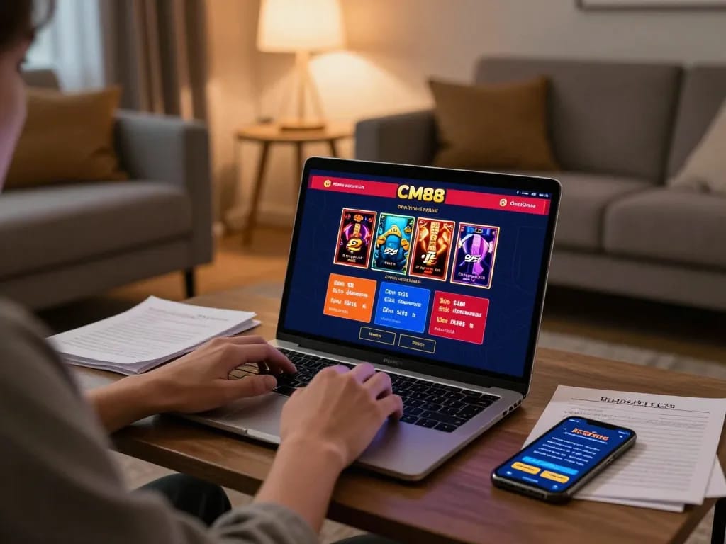 Player using CM88 online casino interface at home, engaging in strategic gambling.
