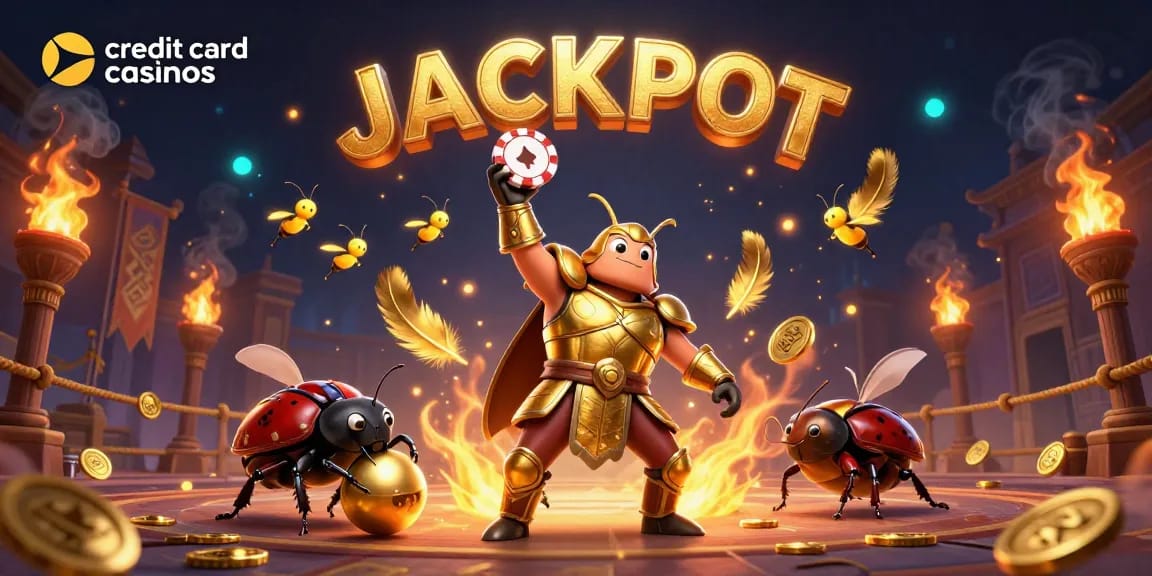 Engage with credit card casinos featuring a victorious beetle hero in a vibrant gaming scene.