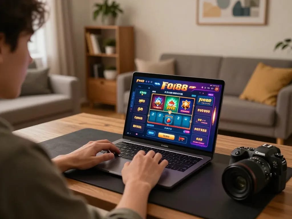 Player immersed in fo88 online casino gaming on laptop in a cozy living room.