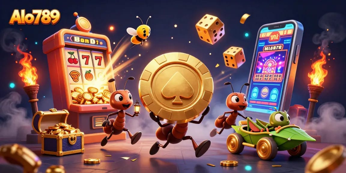 Experience thrilling gameplay at Alo789 with humorous ants, golden chips, and vibrant casino elements.