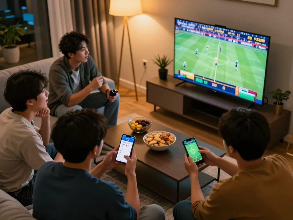Friends engaging in sports betting through the Go99 app in a lively home setting.