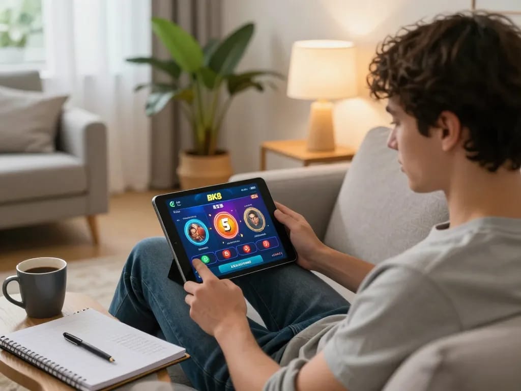 Engaging in strategic betting with BK8 casino app on a cozy home tablet setup