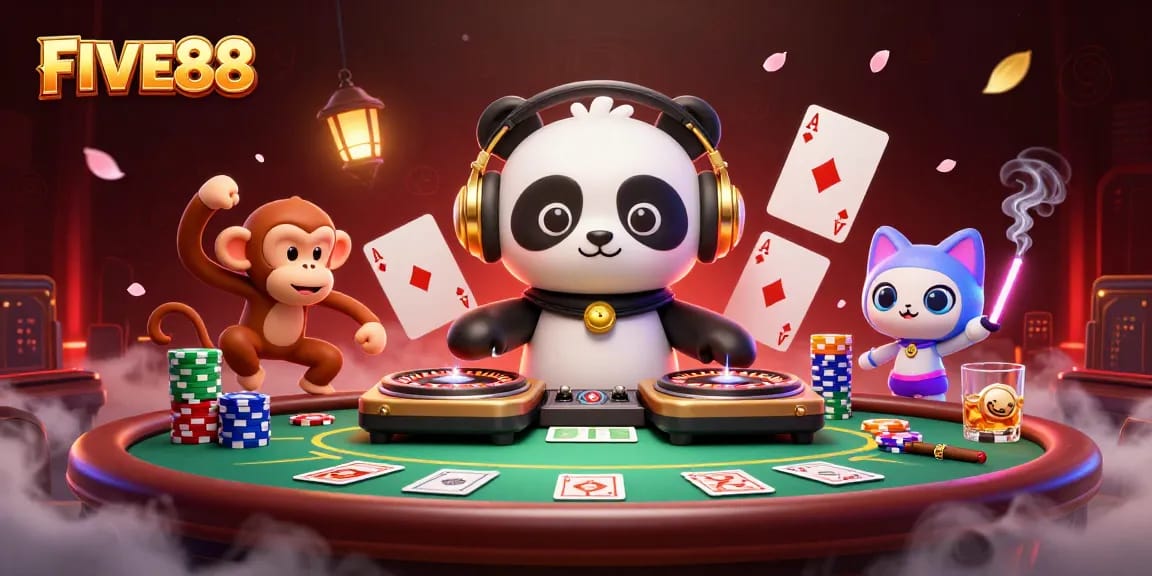Engage in thrilling poker action with FIVE88's vibrant 3D scene featuring a DJ panda and breakdancing monkey.