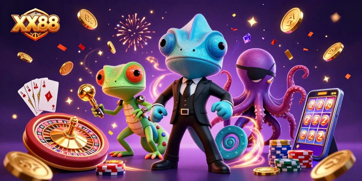 Experience thrilling gaming at XX88 with chameleon, gecko, and octopus in a lively casino scene.