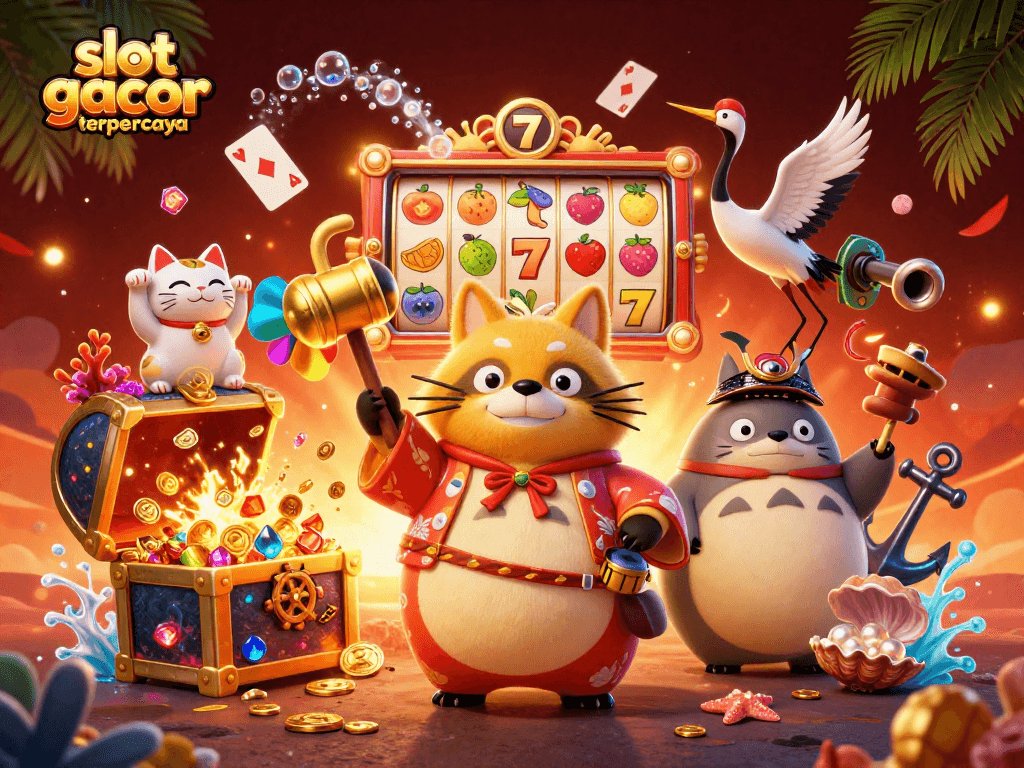 Engage with slot gacor terpercaya in this dynamic 3D illustration of a tanuki and lucky symbols!