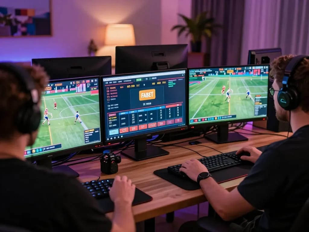 Engaging at-home FABET online betting scene with multiple screens displaying sports events and betting interfaces.