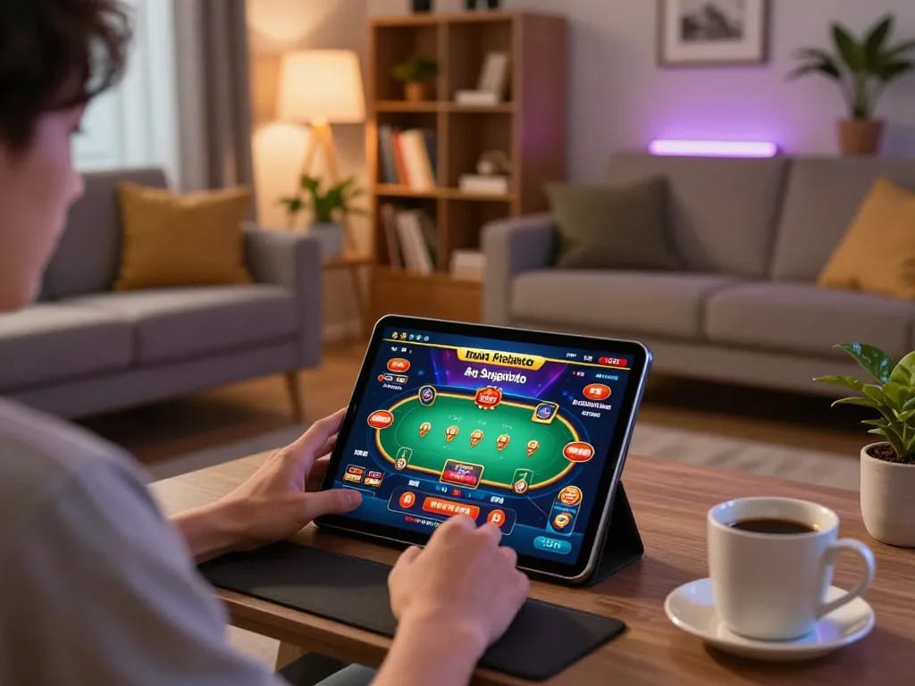 Engage with apk sungaitoto in a cozy home gaming setup featuring a tablet displaying poker.