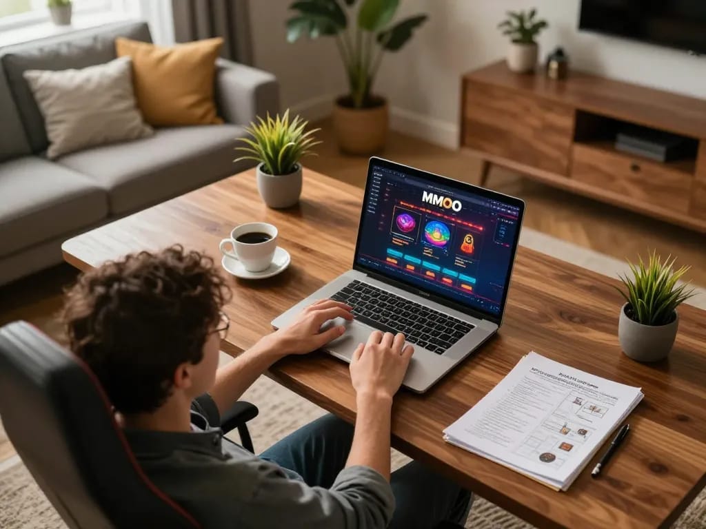 Engaging with the MMOO online casino interface from a comfortable home setup, perfect for strategic betting.