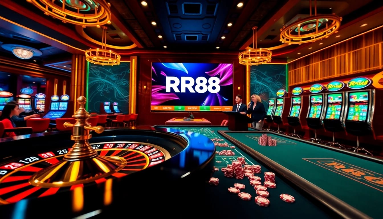 Experience the thrill of RR88 with vibrant casino visuals showcasing games and excitement.