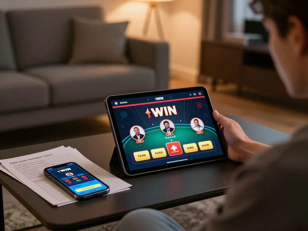 IWIN player strategizing poker while using tablet in cozy home setting.
