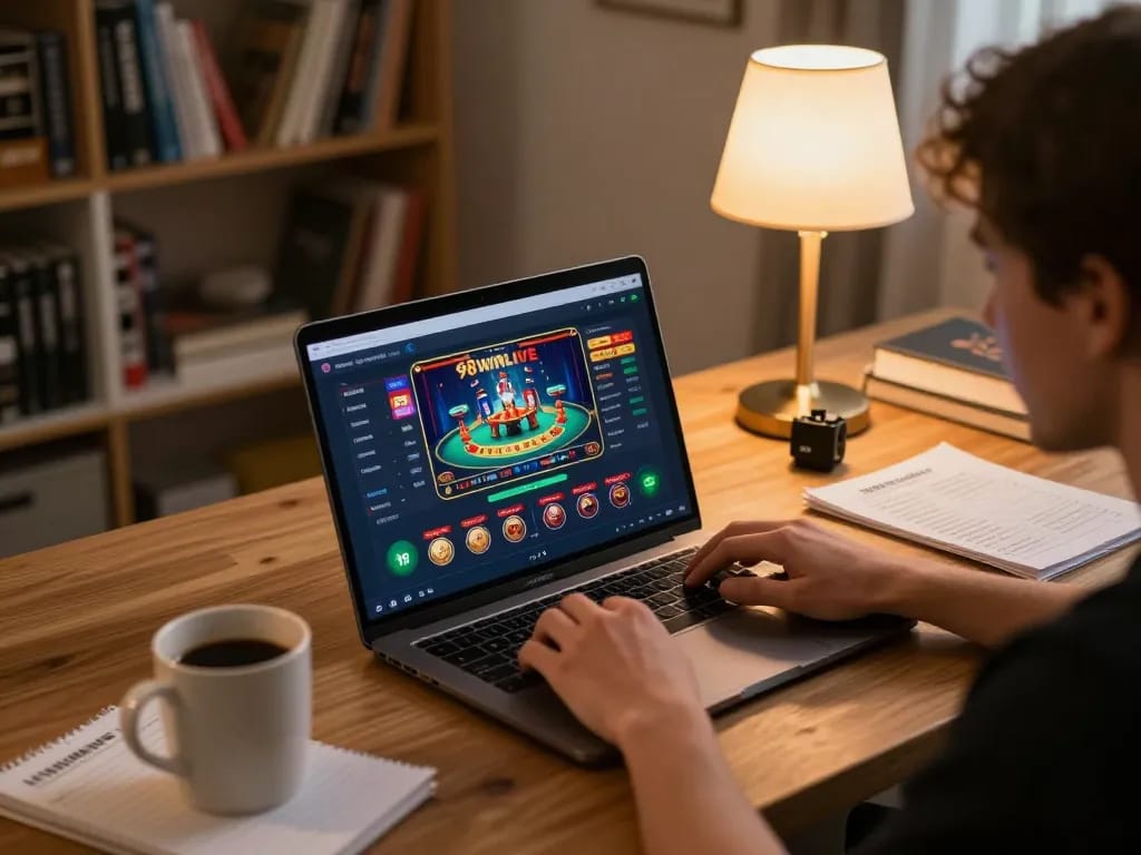 Player engaging in online betting on 98winlive, focused on strategic gameplay at a cozy home setup