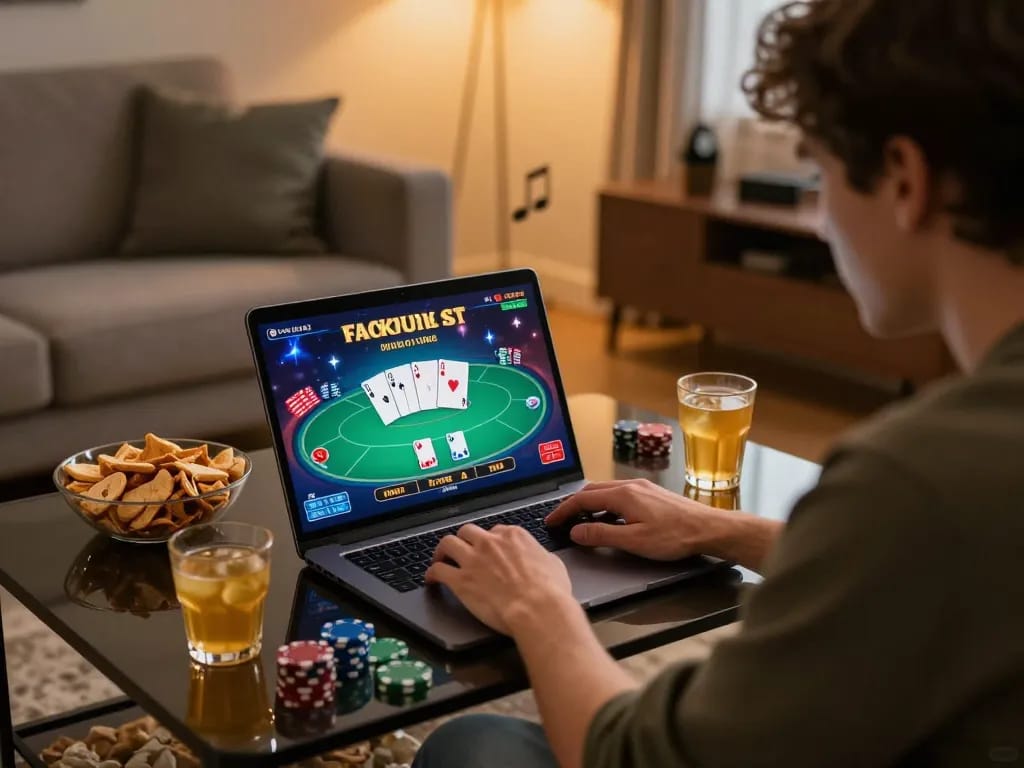 Player engaged in online poker at ho88, showcasing focused gameplay and cozy atmosphere.