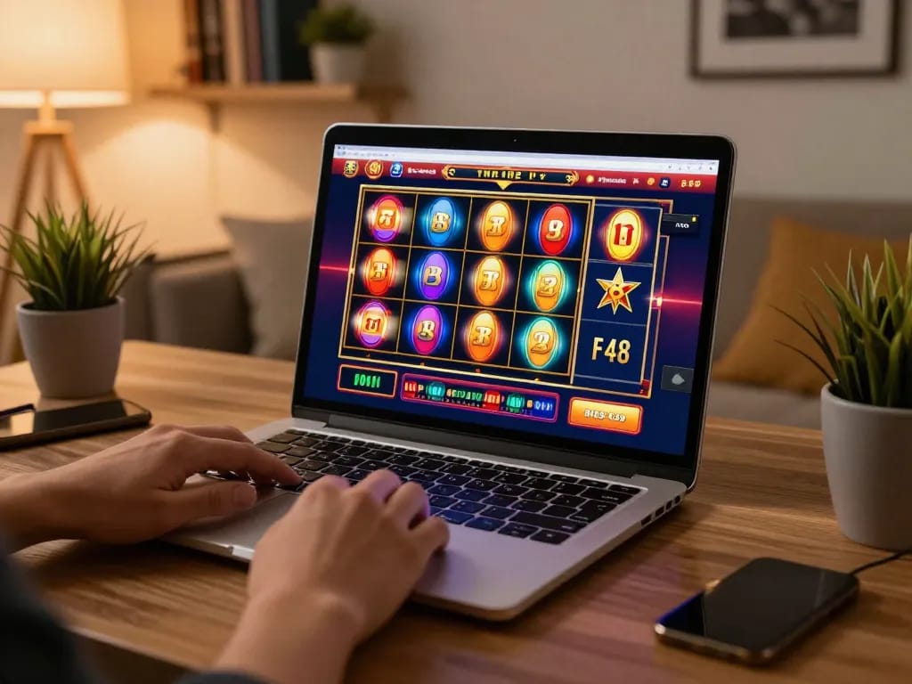 Engaged player exploring tx88 slot games on a laptop in a cozy home setting