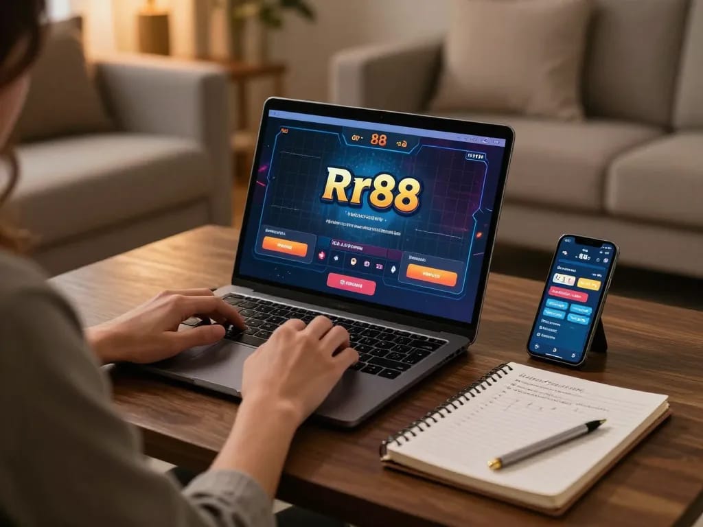 Player engaging in rr88 online casino games from a cozy home setup with strategic notes