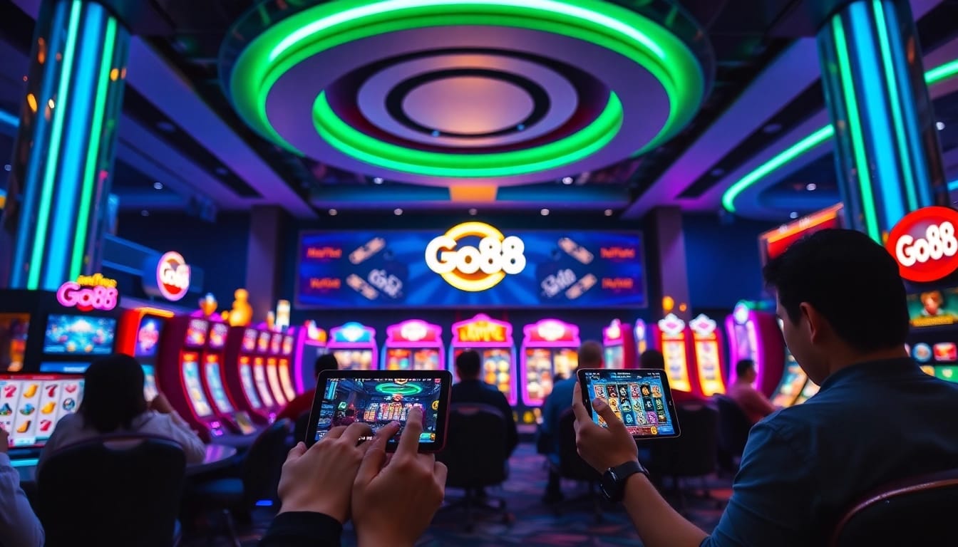 Engaging gaming experience at Go88 featuring vibrant slot games and card play.