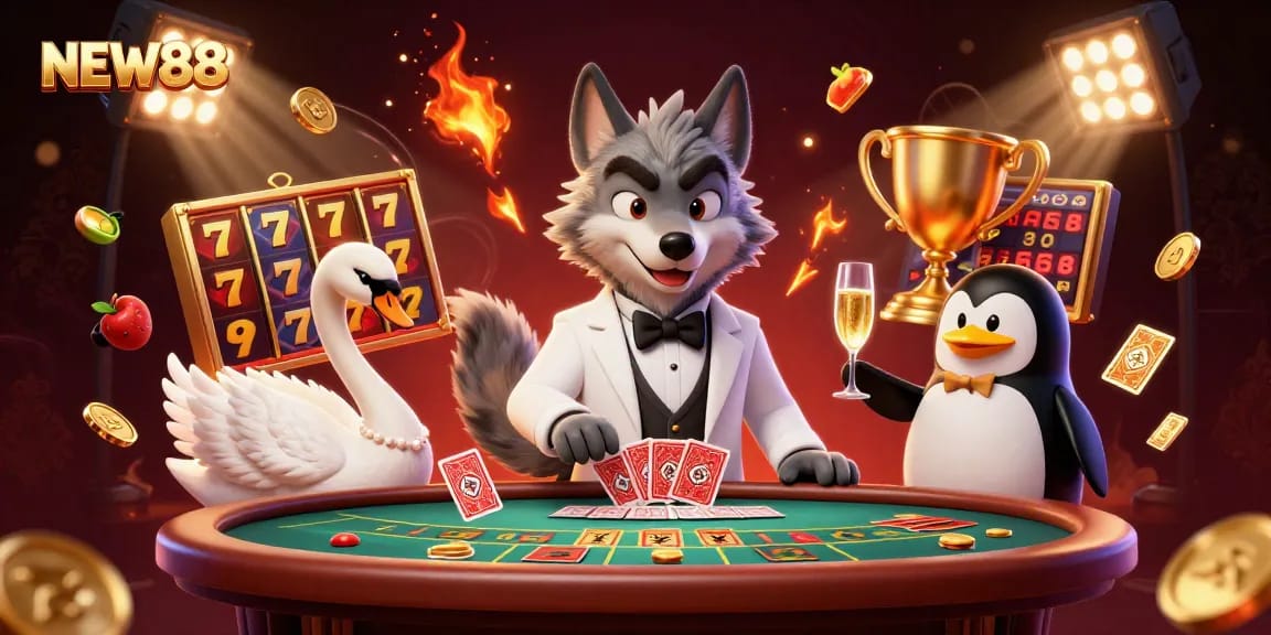Experience the excitement of NEW88 with a debonair wolf and friends at a vibrant casino scene full of games and slots.