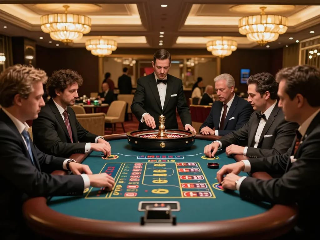 Experience the thrill of strategic gameplay featuring tr88 in an elegant casino setting with engaged players and a spinning roulette wheel