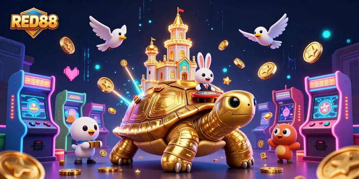 Experience big wins with RED88 in an engaging casino-themed 3D illustration featuring vibrant game elements.
