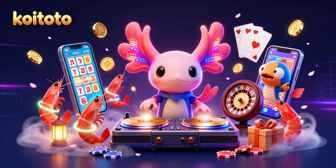 Koitoto unleashes exciting lottery action with a neon DJ axolotl and vibrant underwater party elements.