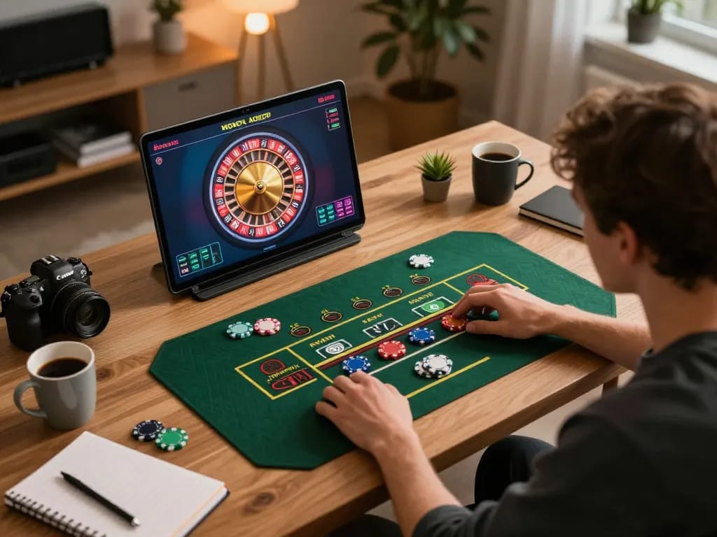 Engaging in LU88 bet during a live dealer game, showcasing online casino gaming atmosphere with a laptop.