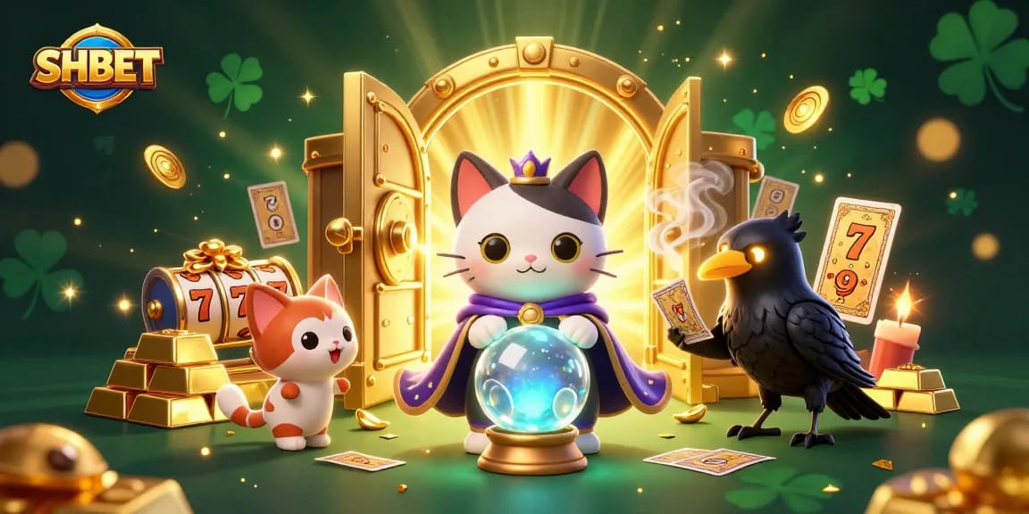 Engage with SHBET's exciting casino experience through an enchanting scene featuring mystic elements and slot showcases.