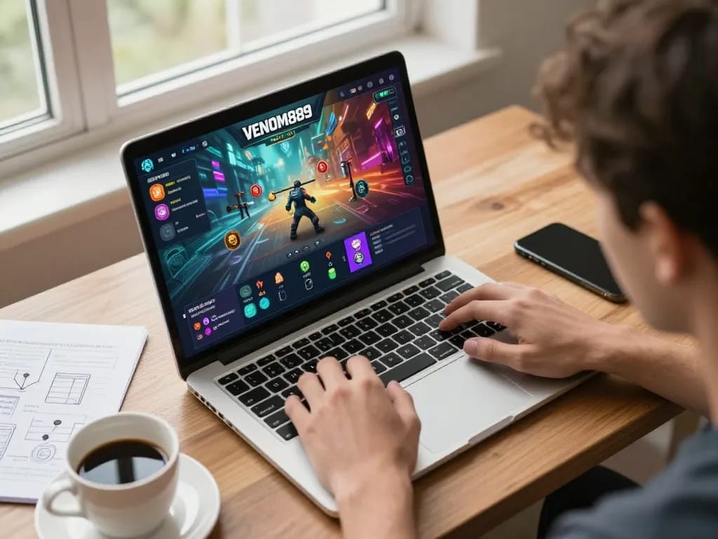 Engaged player enjoying VENOM889 idle-RPG at home, ropatendidafanzine creating immersive gaming experience